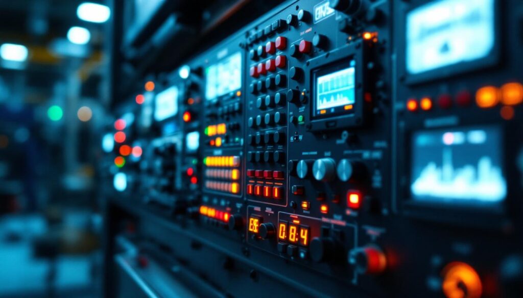 A photograph of a well-lit industrial control panel featuring various button configurations