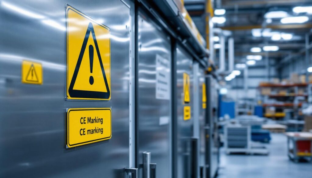A photograph of a well-organized industrial workspace featuring clearly visible safety signage and ce marking on equipment
